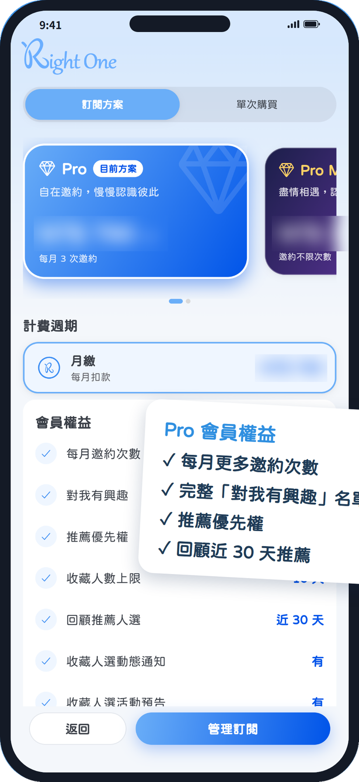 Right One 會員中心:可選訂閱方案或單次購買,列出每月邀約次數、完整對我有興趣名單、推薦優先權等會員權益