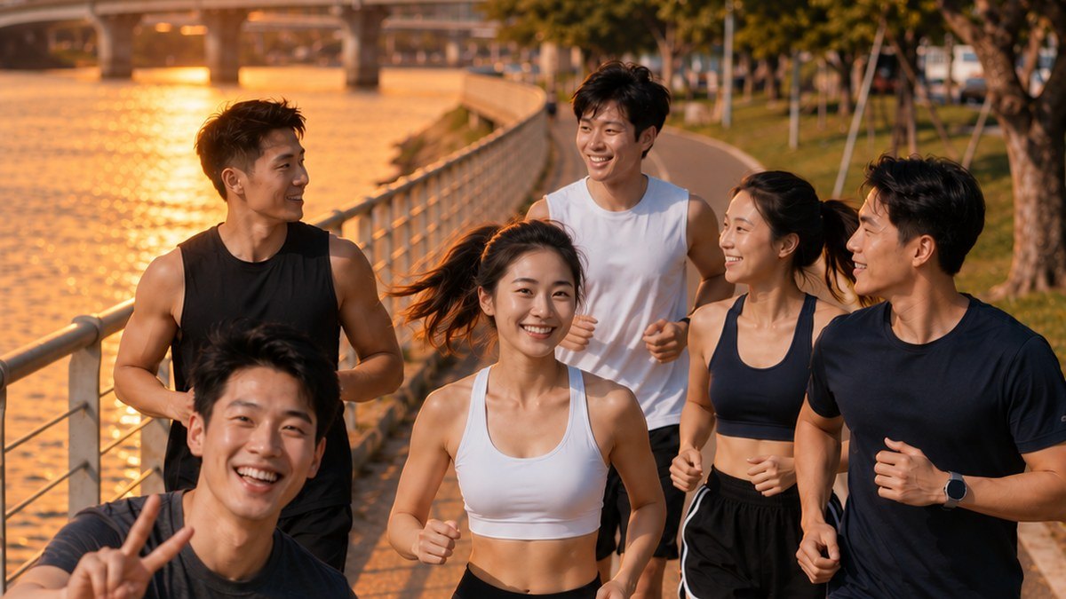 傍晚的大稻埕延平河濱，一群年輕男女迎著夕陽與城市天際線一起慢跑