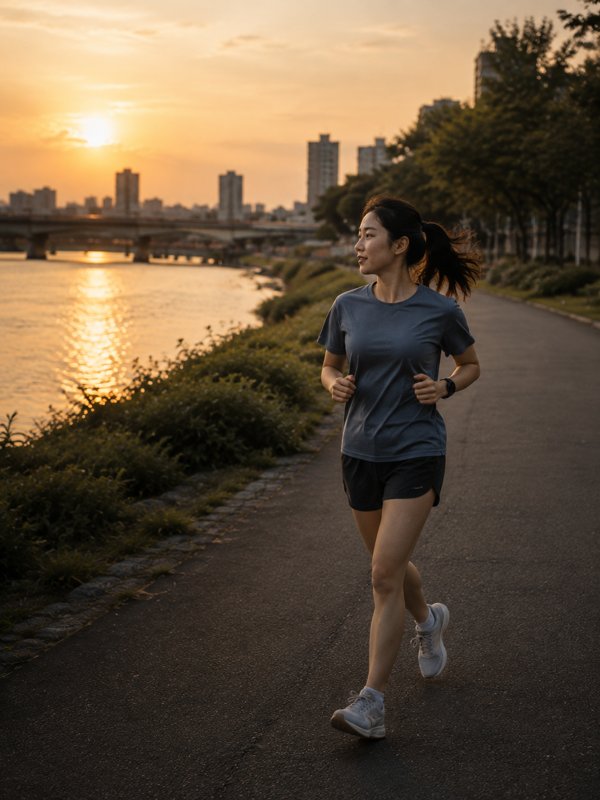 跑者笑著在河濱慢跑,步伐輕鬆