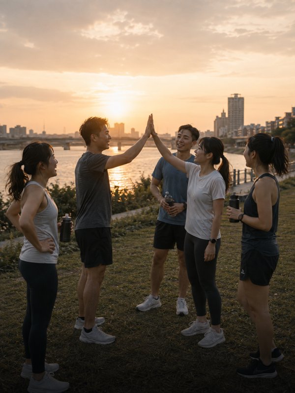 跑完後,一群人流著汗互相擊掌