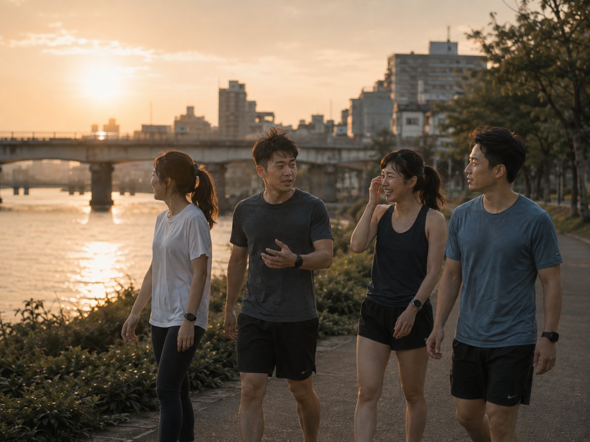 夕陽下的河濱步道,幾個剛認識的年輕人邊走邊聊,笑得很自然