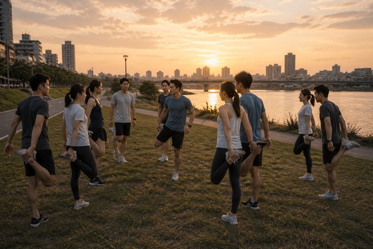 河濱公園草地上,一群人圍成圈跟著工作人員做跑前暖身