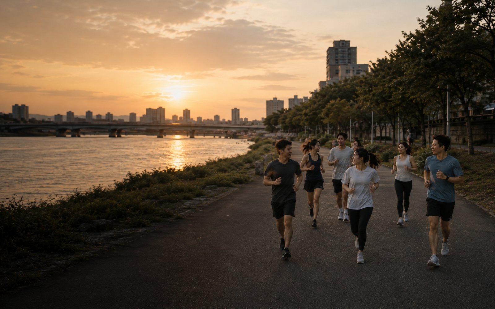 傍晚的大稻埕延平河濱，一群穿運動服的年輕人迎著夕陽慢跑