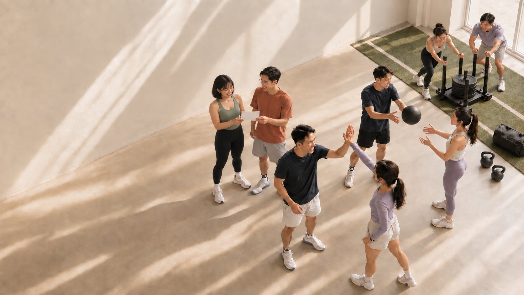 俯拍一間明亮的健身房，八位年輕人分成幾組：兩人一起看任務卡、兩人擊掌、兩人傳藥球，窗邊還有兩人推雪橇，陽光從窗戶斜照在暖白牆面上