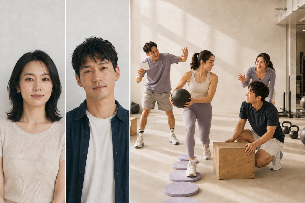 左:一男一女像證件照一樣各自正面合影;右:她抱著藥球踩過平衡墊闖關,隊友在旁邊笑著加油