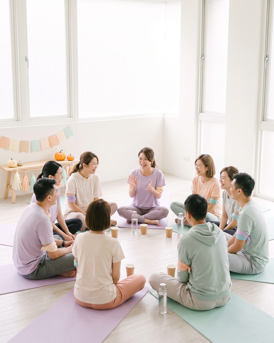 一群穿著柔和色運動服的男女,在瑜伽墊上圍坐成一圈聊天大笑,旁邊擺著南瓜裝飾