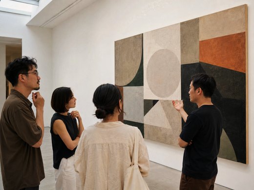四個人站在展場的大幅抽象畫前一起討論作品